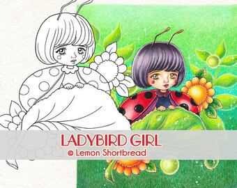 Digital Stamp Ladybug Ladybird Girl, Digi Coloring Page, Fantasy Garden Summer Flowers, Instant Download