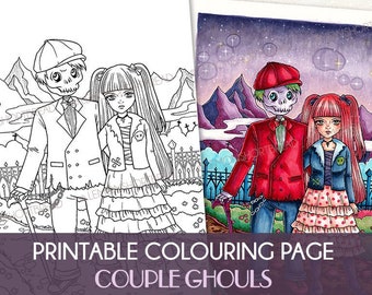 Printable Digital Colouring Page, Couple Ghouls, Instant Download Coloring, Halloween Goth Girl, Fantasy, Cemetery Skull, Cute Horror
