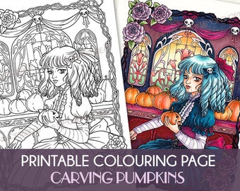 Printable Digital Colouring Page, Carving Pumpkins Girl, Instant Download, Halloween Goth Fantasy, Art Nouveau, Gothic Coloring Anime Style