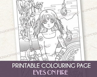 Printable Colouring Page, Eyes on Fire, Horror Gothic Goth Girl, Fantasy Art Anime, Digital Download, Eyeball Monsters, Pop Surrealism