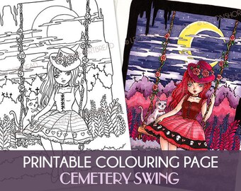 Page de coloriage numérique imprimable, swing cimetière, téléchargement instantané, Fantasy Halloween Horror, Adult Coloring, Gothic Lolita, Anime Style Art