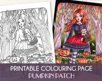 Printable Digital Colouring Page, Pumpkin Patch Girl, Instant Download, Goth Fantasy, Gothic Lolita, Halloween Forest, Coloring Anime Style