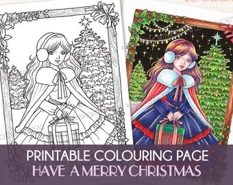 Printable Digital Coloring Page, Merry Christmas, Anime Style Girl, Gift Present Trees