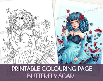 Druckbare digitale Färbung Seite, Schmetterling Narbe Mädchen, Fantasy Schmetterlinge, Elf Fee, Instant Download, Erwachsene Färbung Anime styled Zeichnung