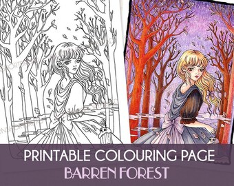 Printable Digital Coloring Page, Barren Forest Goth Elf Fairy, Fantasy Gothic Halloween Night, Instant Download, Adult Drawing