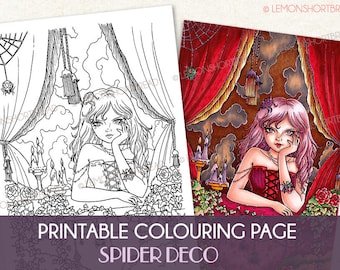 Printable Digital Colouring Page, Spider Deco Girl, Instant Download, Goth Fantasy, Gothic Lolita, Halloween Horror, Coloring Anime Style