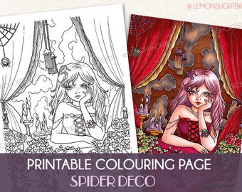 Printable Digital Colouring Page, Spider Deco Girl, Instant Download, Goth Fantasy, Gothic Lolita, Halloween Horror, Coloring Anime Style