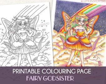 Coloriage imprimable, Fairy Godsister, Fantasy Anime Girl Art, Rainbow Stars Magic Clouds