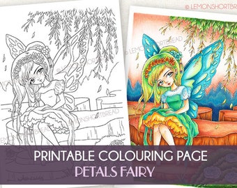 Page de coloriage numérique pétales de fée, imprimable Anime Style Fantasy coloriage