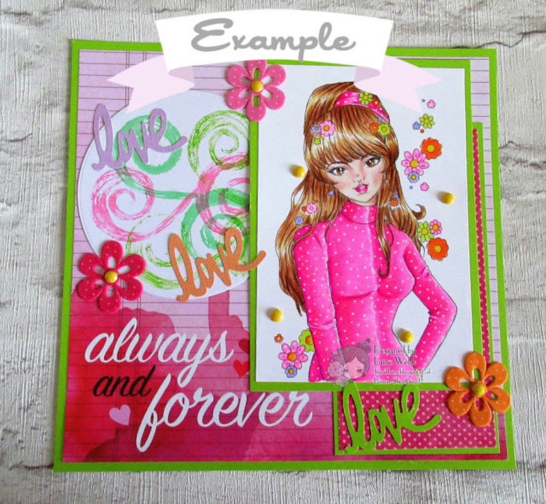 May include: A pink and green card with a girl with brown hair and a pink sweater. The card has the words "love always and forever" on it.