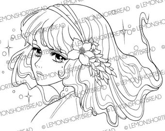 Digital Stamp Nouveau Flowers Girl, Digi Coloring Page, Fairy Fantasy, Hair Face Lady, Anime Art Download