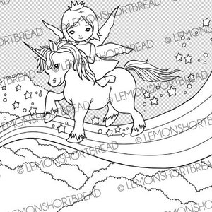 May include: A black and white line drawing of a princess riding a unicorn over a rainbow. The unicorn has a horn and a flowing mane. The princess is wearing a crown and a flowing dress. The rainbow is made up of five stripes and is surrounded by clouds and stars.