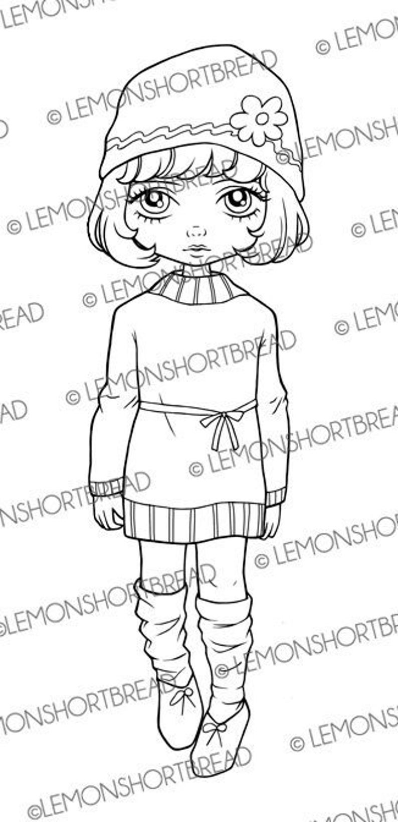 Digital Stamp Beanie Girl, Digi Autumn Fall Winter, Printable Colouring Page, Christmas, Big Eyed Art, Download image 1