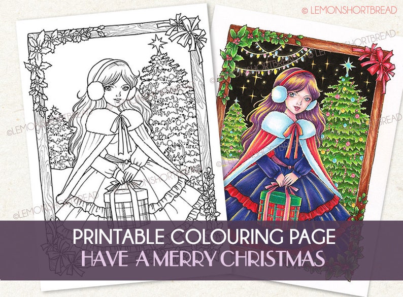 Printable Digital Coloring Page, Merry Christmas, Anime Style Girl, Gift Present Trees image 1