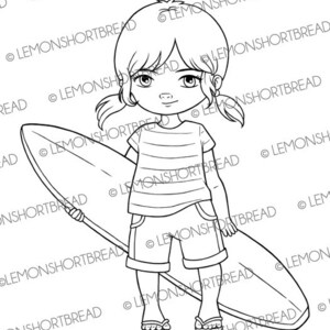 Digital Stamp Surfer Girl, Surfing Beach, Digi Download, Children Sports, Clip Art, Coloring Page, Scrapbooking image 4