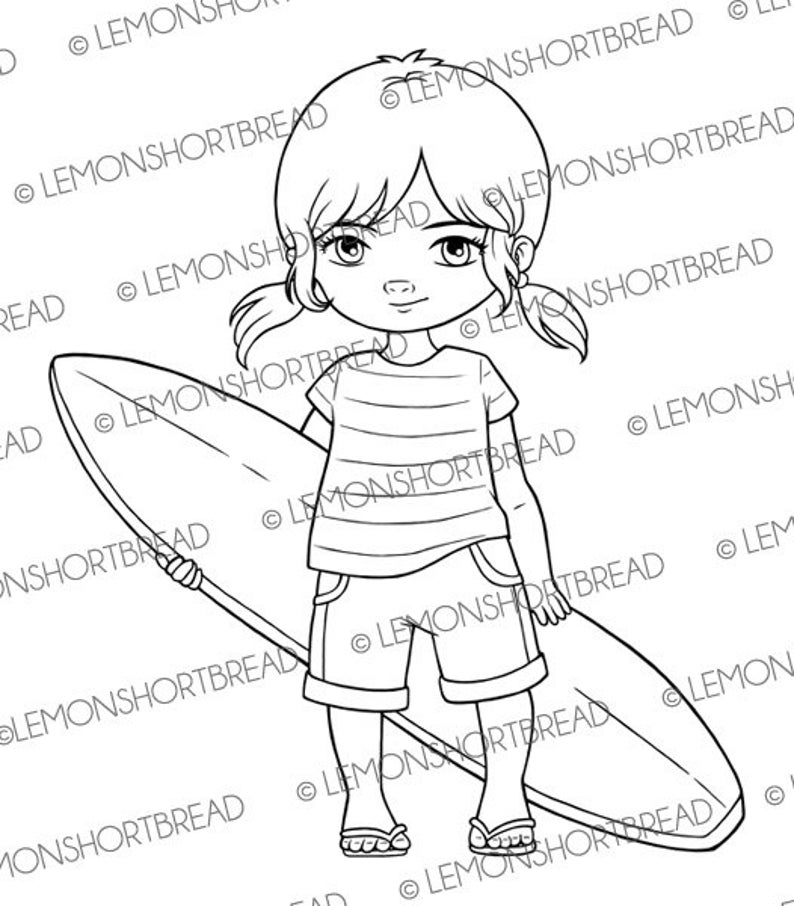 Digital Stamp Surfer Girl, Surfing Beach, Digi Download, Children Sports, Clip Art, Coloring Page, Scrapbooking image 4