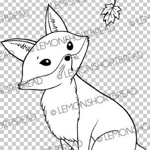 May include: A black and white line drawing of a fox sitting with its tail curled around its body. The fox is looking to the right and has a leaf on a stem above its head.