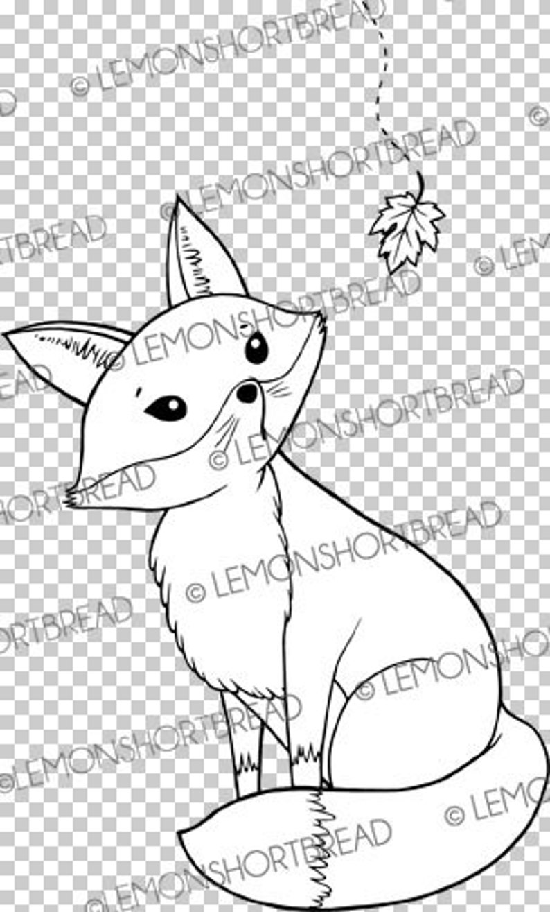 May include: A black and white line drawing of a fox sitting with its tail curled around its body. The fox is looking to the right and has a leaf on a stem above its head.
