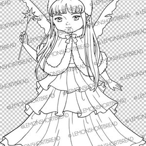 May include: A black and white line drawing of a fairy wearing a winter hat, a fur-trimmed coat, and a long dress. She is holding a wand with a star on top.