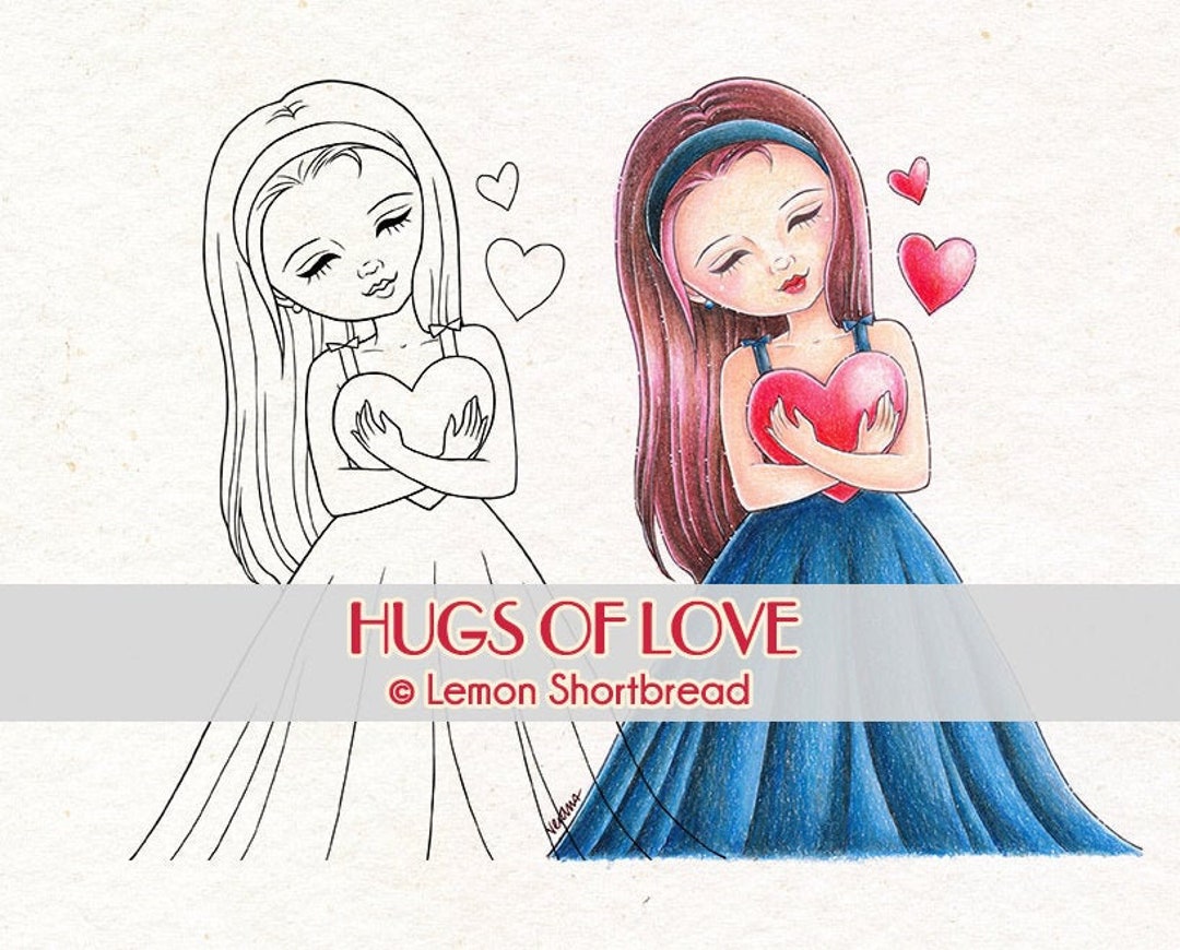 Digital Stamp Hugs of Love Hearts Girl Valentine's Day - Etsy
