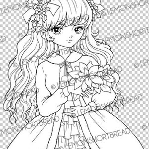 May include: A black and white line drawing of a girl with long hair wearing a winter coat and holding a poinsettia flower.
