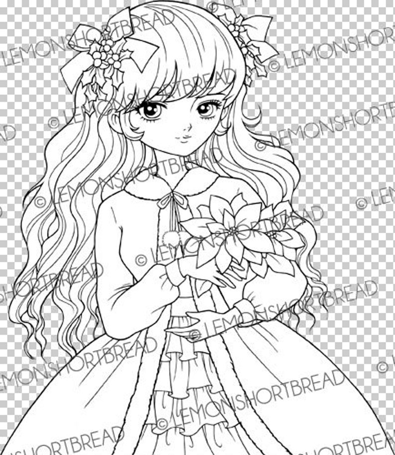 May include: A black and white line drawing of a girl with long hair wearing a winter coat and holding a poinsettia flower.