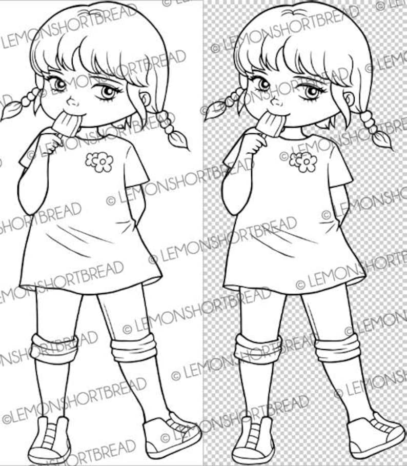 Boy Girl Coloring Page Clip Art Scrapbooking Digital Stamps Ice Cream Break Summer Kids Children Digi Download