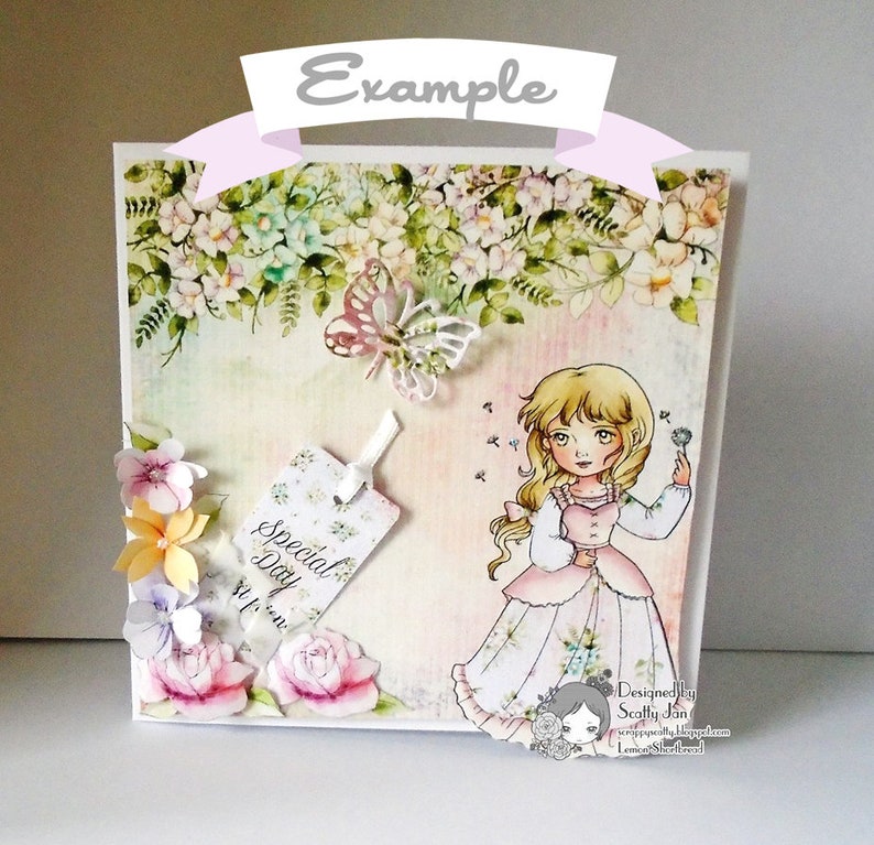 May include: A handmade card with a floral design and a girl blowing on a dandelion. The card has a tag that says "Special Day" and is decorated with flowers and a butterfly.
