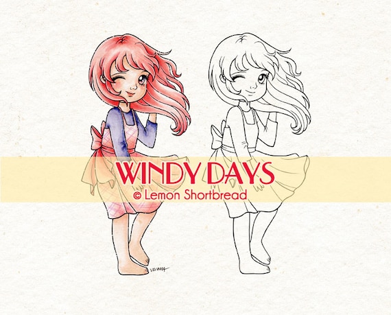 Digital Stamp Windy Days Girl, Digi Colouring Page, Spring Summer Autumn, Thinking of You, Children Kids, Scrapbooking Image