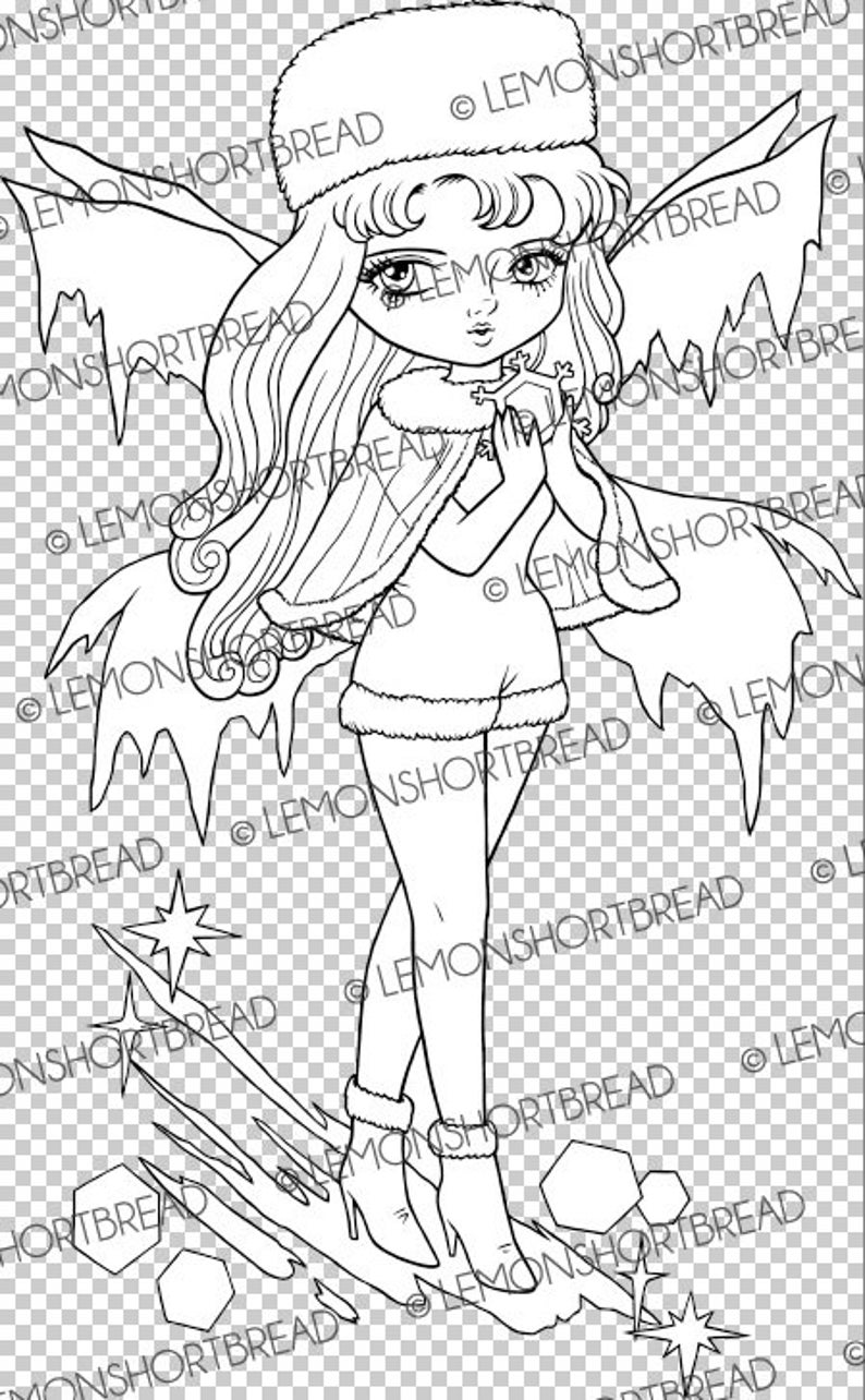 Digital Stamp Winter Frost Fairy, Digi Printable Colouring Page, Merry Christmas Snowflake Fantasy, Instant Download, Anime Art image 2