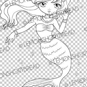 Digital Stamp Mermaid Waving, Digi Fantasy Girl, Coloring Page Fairytales, Big Eyed Clip Art, Télécharger image 2