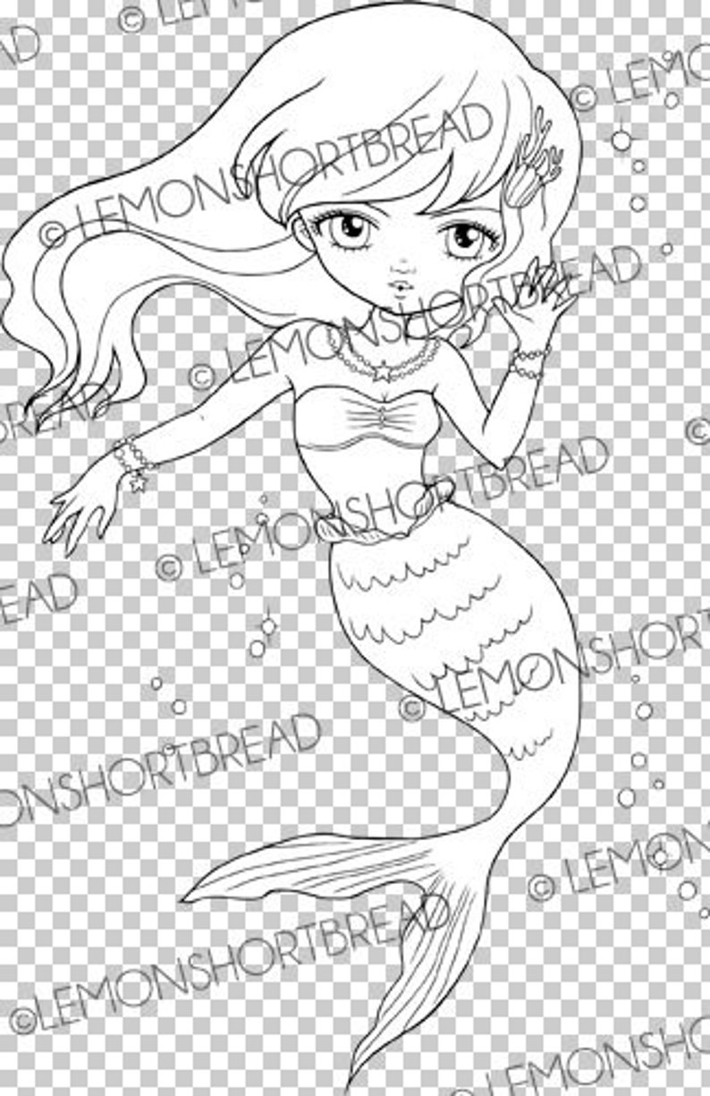 Digital Stamp Mermaid Waving, Digi Fantasy Girl, Coloring Page Fairytales, Big Eyed Clip Art, Télécharger image 2