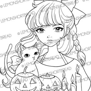 May include: A black and white line drawing of a girl with a bow in her hair, holding a cat and pumpkins. There are also candles in the image.