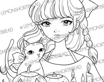 Digital Stamp Halloween Greetings, Digi Coloring Page, Witch Girl Black Cat, Jack O' Lantern, Clip Art Anime, Download