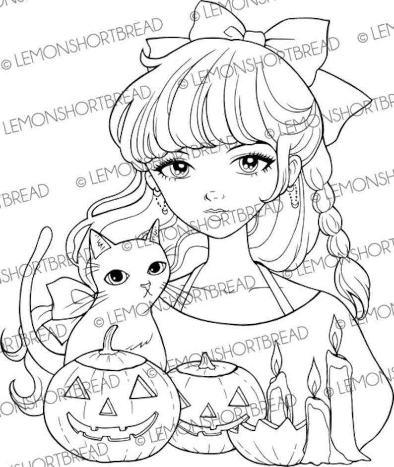 May include: A black and white line drawing of a girl with a bow in her hair, holding a cat and pumpkins. There are also candles in the image.