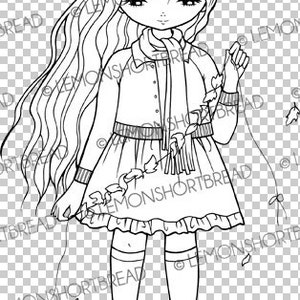 May include: A black and white line drawing of a girl with long hair wearing a cardigan, a scarf, and a skirt. She is holding a string of leaves in her hand.