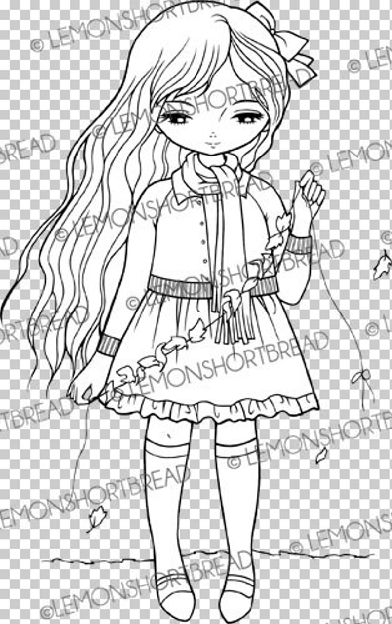 May include: A black and white line drawing of a girl with long hair wearing a cardigan, a scarf, and a skirt. She is holding a string of leaves in her hand.