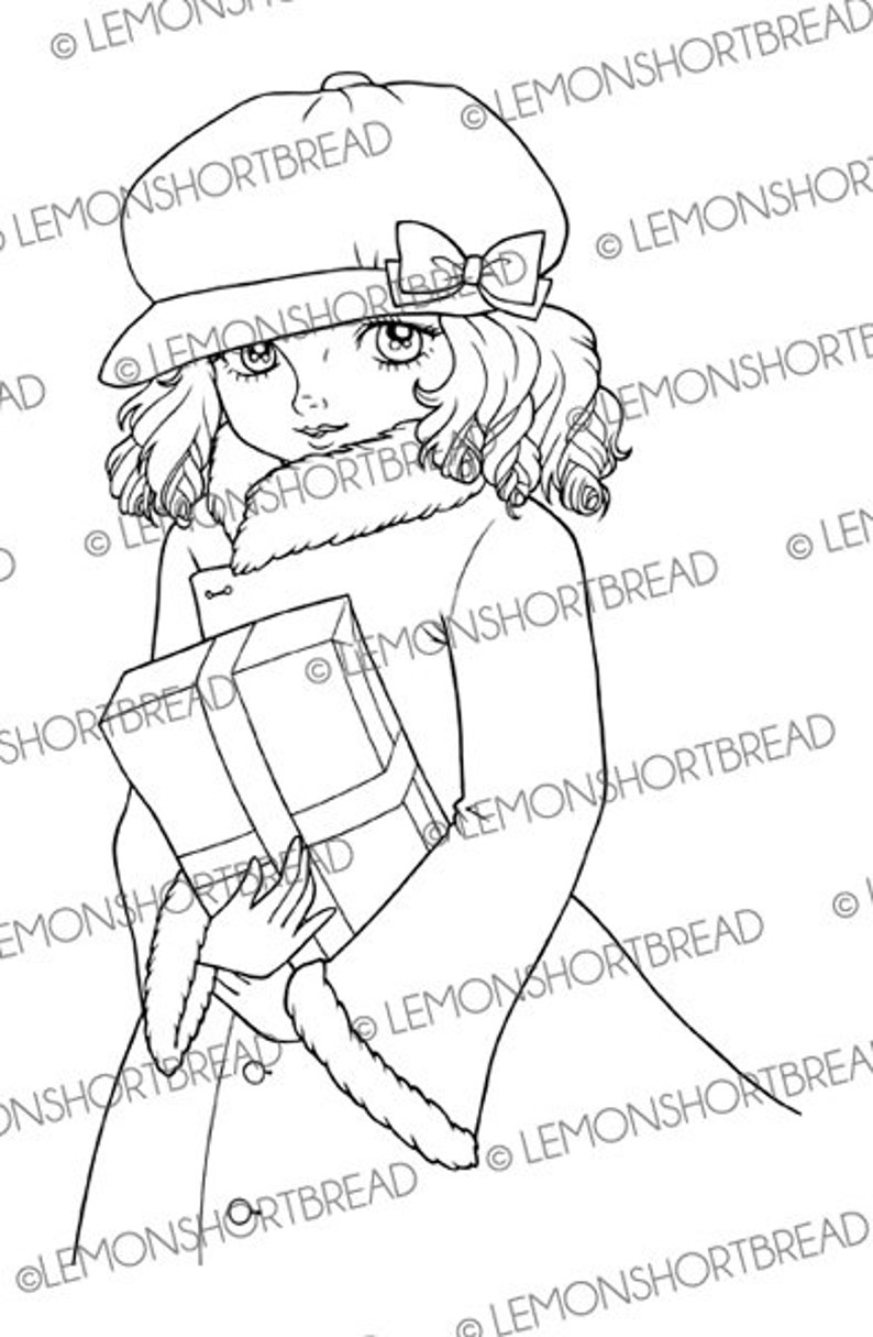 May include: A black and white line drawing of a girl wearing a coat, hat, and a bow. She is holding a wrapped gift in her hands.