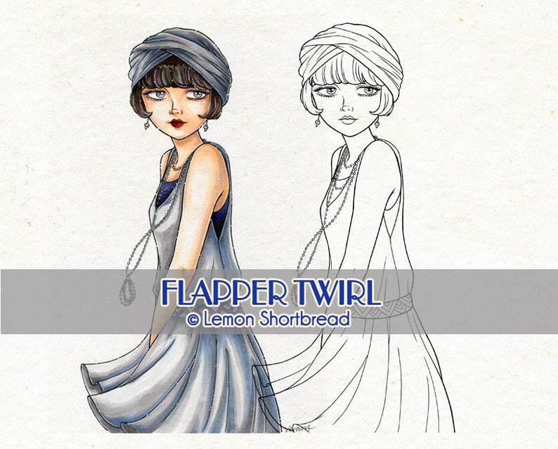 May include: A black and white line drawing of a woman wearing a flapper dress and a turban, next to a colored illustration of the same woman in a blue flapper dress and a turban. The text "FLAPPER TWIRL &copy; Lemon Shortbread" is below the images.