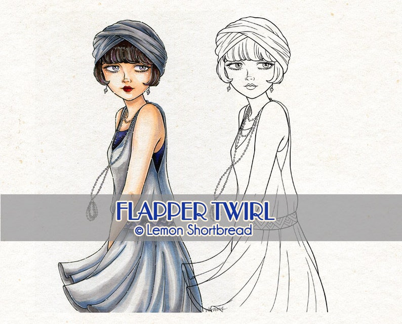 Digital Stamp Flapper Twirl Girl, Art Deco Digi Vintage Fashion Summer, Coloring Page, Clip Art Instant Download image 1