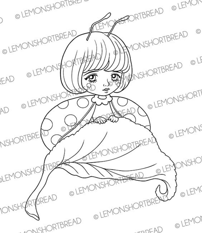 Digital Stamp Ladybug Ladybird Girl, Digi Coloring Page, Fantasy Garden Summer Flowers, Instant Download image 4