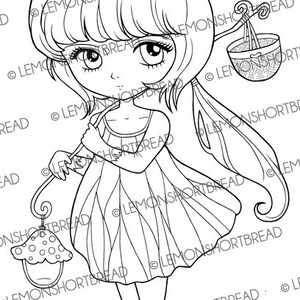 May include: A black and white line drawing of a girl with long hair, wearing a dress and holding a lantern and a basket. The girl is barefoot and has a sweet expression on her face.