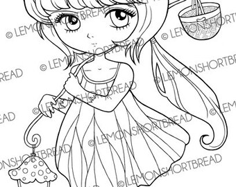 Sello digital Toadstool lámpara Hada Pixie, Digi Coloring Page Fantasía, Anime Girl Nature, Big Eyed Art, Descargar