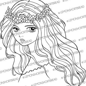 Digital sello flor diadema chica, Digi coloring page, anime arte, fantasía, cara de la dama, Descargar