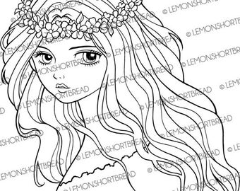 Digital Stamp Flower Headband Girl, Digi Coloring Page, Anime Art, Fantasy, Lady Face, Download