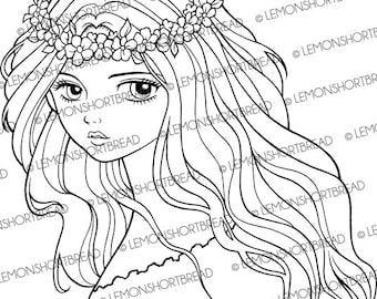 Digital Stamp Flower Headband Girl, Digi Coloring Page, Anime Art, Fantasy, Lady Face, Download