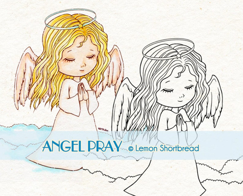 May include: A black and white line drawing of an angel with blonde hair, wearing a halo and a white dress, praying with her hands clasped together. The angel is standing on clouds. The text "ANGEL PRAY &copy; Lemon Shortbread" is below the angel.