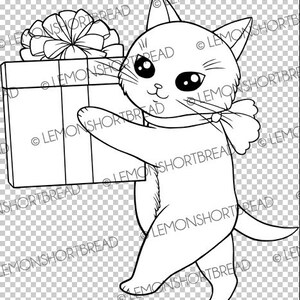 May include: A black and white line drawing of a cat holding a gift box with a bow on top. The cat is looking at the gift box with a happy expression.