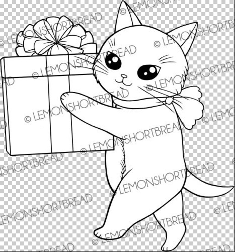 May include: A black and white line drawing of a cat holding a gift box with a bow on top. The cat is looking at the gift box with a happy expression.