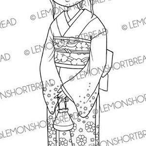 Digital Stamp Kimono Girl, Digi Japanese Cherry Blossom, Printable Coloring Page, Anime Spring Flowers image 2